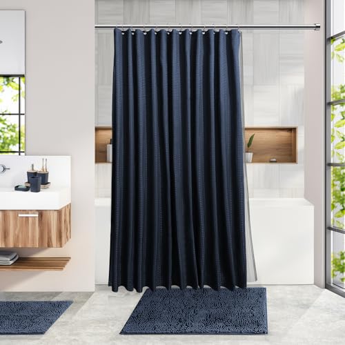 Clara Clark Bathroom Accessories Set - 27PC Bathroom Set with Adhesive Corner Shower Caddy Hanging, Bathroom Sets with Shower Curtain and Rugs, Navy Blue Shower Curtain Set with Bathroom Trash Can - color: Navy Blue, size: Complete Set + Bath Rug + Shower