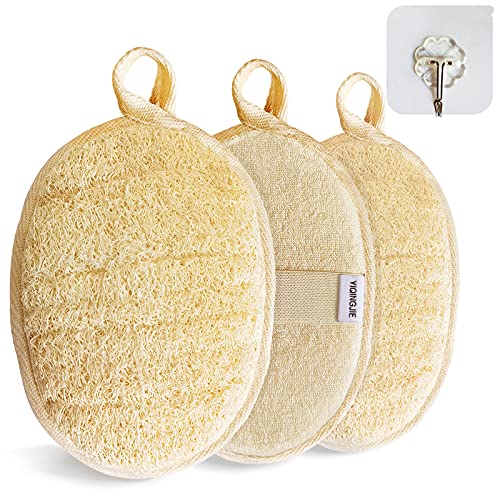 YIQINGJIE Natural Loofah Sponge Exfoliating Body Scrubber (3 Pack),Made with Eco-Friendly and Biodegradable Shower Luffa Sponge, Loofah for Women and Men, Beige - style: 3pc(4.3x6.3)inch
