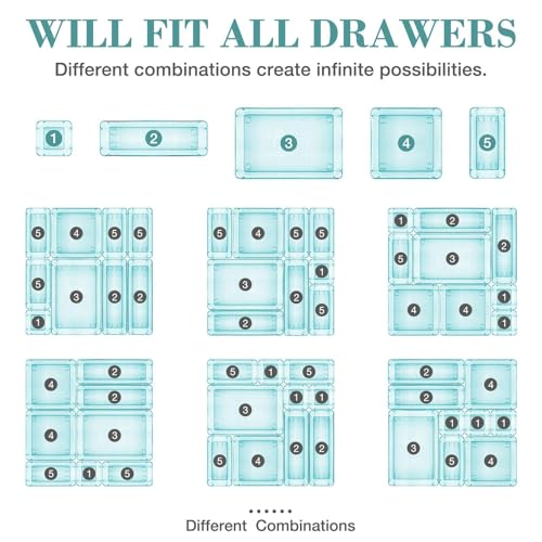 StorMiracle 16 PCS Drawer Organizer Set, 5 Varied Size Bathroom and kitchen Drawer cabinet organizer Trays, Clear Storage Bins for Makeup, Jewelry, Utensils and Gadgets - color: Sea Blue, size: 16 PCS