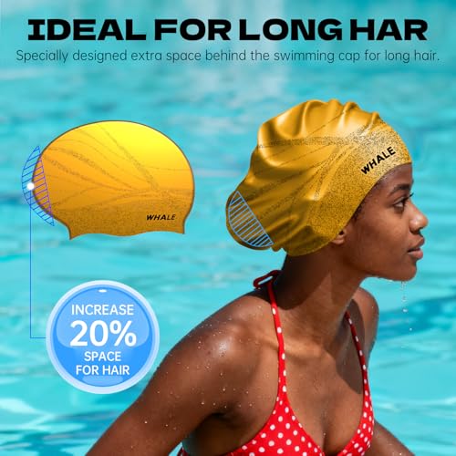 WHALE Extra Large Swim Cap Designed for Men and Women with Thick, Long Hair, Hair Extensions Or Afro-Textured Hair Long-Hair Swim Cap Highly Waterproof to Keep Hair Dry - color: Gold