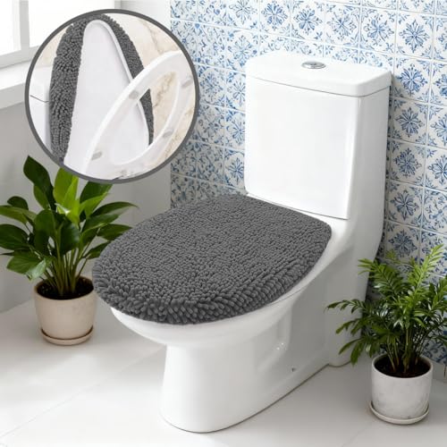 RUN HELIX Bathroom Toilet Lid Cover,Chenille Machine Washable Seat Covers, 17.5x15, Stays in Place Rubber Backing, Fits Most Round, Elongated and Oblong Lids, Accessories Decor, Dark Grey - color: Dark Grey, size: Lid 17.5"x15"