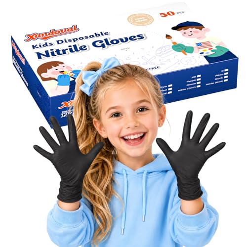 Kids Nitrile Gloves for 6-10 Years, 5Mil Black Disposable Gloves for Work, Cleaning, Cooking, Gardening, Painting, Latex-Free and Powder-Free (S,50PCS) - color: Black of 50pcs, size: Small