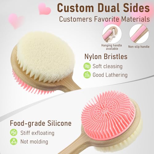 Back Scrubber for Shower + Body Scrubber 2 Pack, Dual Sided Silicone & Nylon Bristles Lather Well Exfoliating Anti-Slip Wood Long Handle Back Scrubber Body Exfoliator for Wet/Dry Bath Brush Pk+Bl - color: Pink & Black