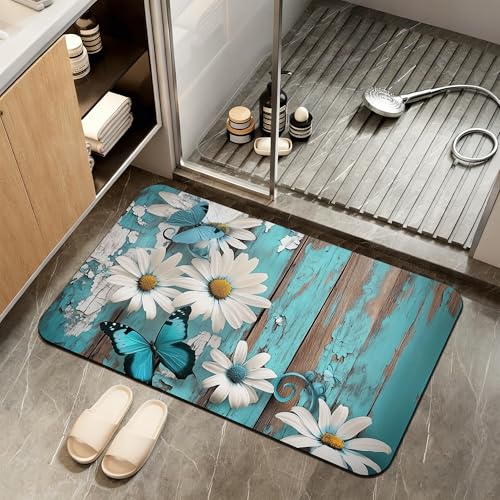 Diatomaceous Earth Bath Mat,White Daisy Bath Rugs,Vintage Wood Non-Slip Thin Absorbent Fast Drying Easy to Clean for Bathroom Laundry Home Kitchen Door Mat 17x29.5Inch - color: White Daisy,vintage Wood