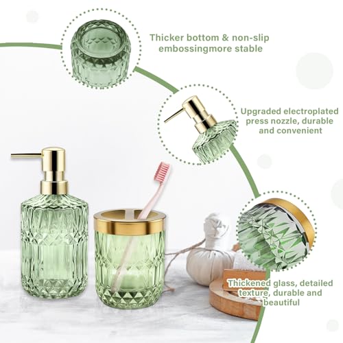 2Pcs Green Bathroom Accessories Set, Glass Bathroom Accessories, Vintage Bathroom Countertop Decoration Includes Soap Dispenser, Toothbrush Holder - color: Green, size: 2 Pcs