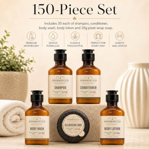 WOODBURY & CO Travel Size Shampoo Conditioner Body Wash Lotion & Soap (150 PK, 1.7 oz each), Guest Bathroom Essentials Toiletries Airbnb Bulk Mini Sets Hygiene Kits Paraben Free Air Bnb Toiletry