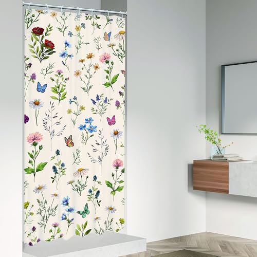 Vintage Floral Shower Curtain 36Wx72L Inch Small Stall Wildflower Spring Cute Flower Rustic Botanical Herbs Plant Pretty Aesthetic Bathroom Set Girls Bath Curtain Bathtub Accessories Home Decor - color: D 01 Beige, size: 36"W x 72"L (Pack of 1)