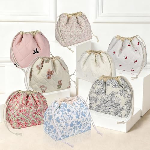 Gosect Large Makeup Bag, Cute Drawstring Cosmetic Bag with Canvas Lining, Floral Coquette Aesthetic Toiletry Bag, Travel Make Up Organizer Bag for Women and Girl (Blue Flower) - color: 035Blue Flower