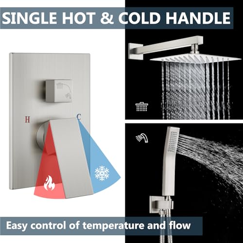 Aolemi Shower Faucet Set Rain Shower System with Handheld Spray Bathroom Shower Combo Rough-in Valve and Shower Trim Kit Included Brushed Nickel 12 Inch Wall Mount Shower Head - color: Brushed Nickel, size: 12 Inch Wall Mount Shower Head