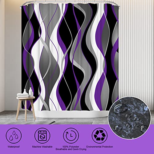 4Pcs Purple Shower Curtain Sets with Non-Slip Rugs, Toilet Lid Cover and Bath Mat, Black and Gray Bathroom Decor Set Accessories Fabric Waterproof Shower Curtains with 12 Hooks, 72 x 72 Inch - color: Purple