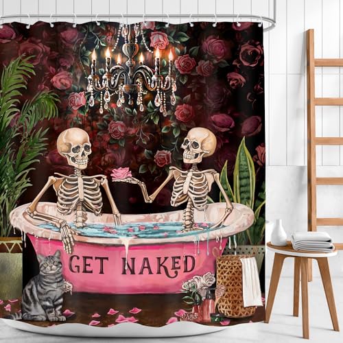 Gothic Skull Skeleton Shower Curtain Black Vintage Spooky Funny Rose Retro Floral Flower Plant Bathroom Decor Unique Mystical Woman Aesthetic 72Wx72H Bath Curtain Fabric Polyester 12 Pack Hooks - color: A 03skeleton, size: 72"W x 72"L (Pack of 1)