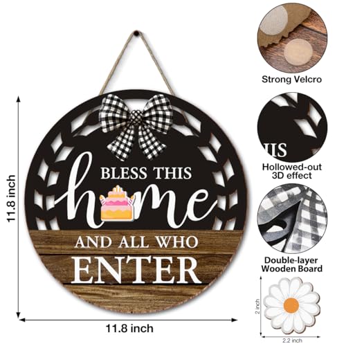 Seasonal Interchangeable Bless This Home Hanging Sign - Farmhouse Front Door Decoration for Spring All Seasons Holidays - Rustic Round Wood Wreaths with 12 Icons(Brown) - color: blessbrown