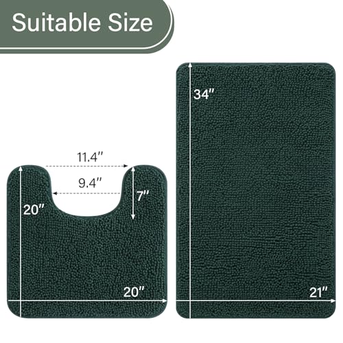 LOCHAS Bathroom Rugs Sets 2 Piece, Soft Non Slip Bath Mat Set, 20''x20'' U-Shaped Toilet Rug and 34''x21'' Hunter Green Bath Rugs, Washable Absorbent Chenille Toilet Rug Set for Bathroom, Shower - color: Hunter Green