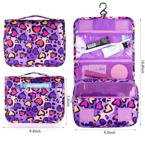 Kids Hanging Toiletry Bag for Girls, Travel Toiletry Bag for Little Young Girls Cosmetic Makeup Waterproof Wash Bag Toddler Traveling Toiletries, Leopard Purple - color: Leopard-Purple