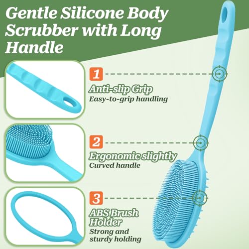 Silicone Back Scrubber for Shower, Gentle Exfoliating Body Scrubber & Back Washer with Handle, Silicone Loofah with Two Dual-Side & Replaceable Brush Heads(Blue-Two Heads) - color: Blue-two Heads