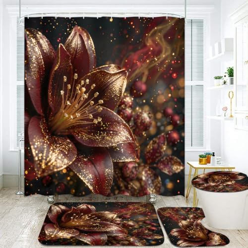 LQCOOL 4Pcs Black Red Lily Flower Shower Curtain Set, Waterproof Bathroom Sets, Abstract Burgundy Gold Bathroom Sets with Shower Curtain and Rugs, Shower Curtain with 12 Hooks - color: Black Red
