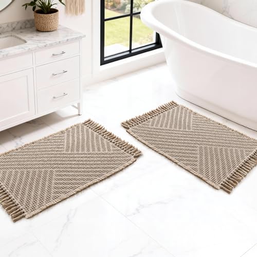 H.VERSAILTEX Waffle Bath Mat Super Absorbent Boho Bath Mat Non Slip Bath Rugs for Bathroom Floor Machine Washable Dry Fast Bathroom Rugs with Tassels (17 x 24 Plus 17 x 24 Inches, Irish Cream) - color: Irish Cream, size: 17" x 24" Plus 17" x 24"