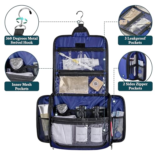 PAVILIA Large Hanging Toiletry Bag for Men, Travel Toiletry Organizer with 10 Compartments, Swivel Hook and 3 Leakproof Pockets, Water Resistant Shaving Kit Case, Packs Flat, Blue - color: Blue