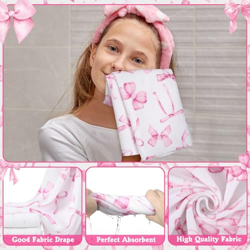 FuWeave 8 Pcs Pink Bow Shower Curtain Sets for Bathroom Decor Cute Coquette Bathroom Accessories Bow Knot Aesthetic Girly Shower Curtain Sets with Towels Carpet Bath Mat Toilet Rugs and 12 Hooks - color: Pink Bow