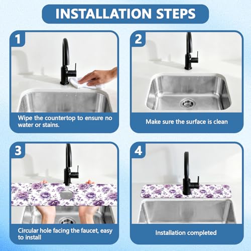 2 Pcs Kitchen Sink Splash Guard Faucet Mat Purple Flowers Faucet Mat for Sinks Dreamlike Blooms Absorbing Drying Mats for Kitchen Bathroom, 23.6x5.5inch - color: Purple Flowers