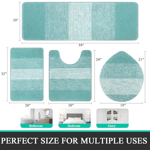 Bsmathom Bathroom Rugs Sets 4 Piece, Soft Absorbent Microfiber Bath Rugs with U-Shaped Contour Toilet Rug and Toilet Lid Cover, Thick Non-Slip Plush Shaggy Bath Mat Set,Teal - color: Teal, size: 18"x26"+18"x48"+U20"x24"+Cover19"x21"
