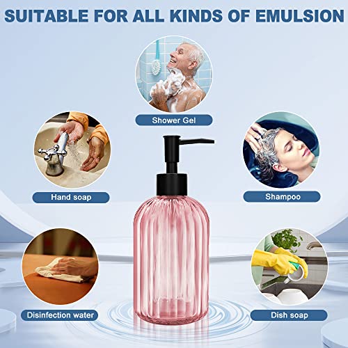 Pack of 2 Glass Soap Dispenser with Black Pump, 400 ml Refillable Pump Dispenser for Kitchen, Bathroom, Laundry Room, Liquid Glass Bottle for Washing Up Liquid, Shampoo, Conditioner (Pink) - color: Pink