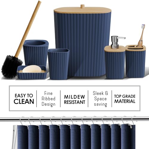 Clara Clark Bathroom Accessories Set - Bathroom Set with Adhesive Corner Shower Caddy Hanging, 25PC Bathroom Accessory Set, Navy Blue Shower Curtain Set, Toilet Brush, Trash Can & Soap Dispenser - color: Navy Blue, size: Complete Set + Shower Caddy