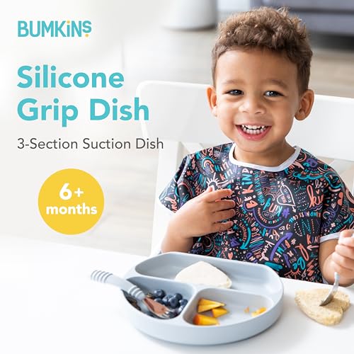 Bumkins Toddler and Baby Suction Plate, Divided Grip Dish for Babies and Kids, Baby Led Weaning, Feeding Supplies, Sticks to Tables and Highchairs, Platinum Silicone, for Chidren 6 Months, Gray - color: E2 Gray-GD