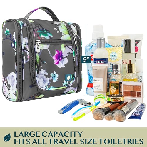 PAVILIA Toiletry Bag Travel Bag for Women Men, Hanging Cosmetic Organizer, Water Resistant Makeup Bag for Accessories Toiletries, Large Travel Essentials Kit (Floral Grey) - color: Floral Grey, size: Standard (9x4x9)