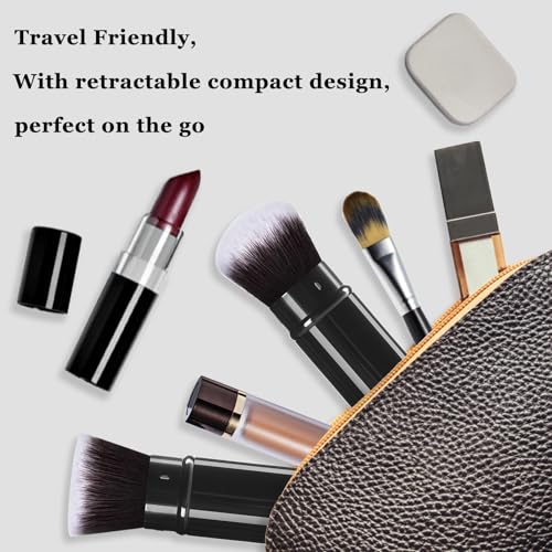 Retractable Kabuki Brush, 2 Pack Travel Foundation Face Makeup Brush Set | Powder Makeup Brushes for Blush, Liquid, Cream, Cosmetics, Loose Powder, Bronzer, with Aluminum Handle, Cover - color: Black