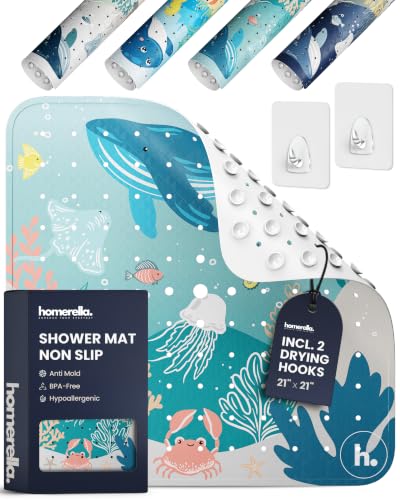 homerella® Shower Mat Non Slip Anti Mold, Non Slip Shower Mats for Inside Shower Stall Anti Slip Mat, Square Shower Floor Mat 21 x 21 in with Suction Cups & Hooks for Quick Drying, Machine Washable - color: Caribbean Sea