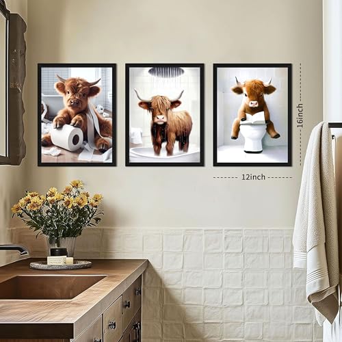 Highland Cow Bathroom Decor Set of 3, Funny Brown Cute Highland Cow Wall Art Paintings, Vintage Rustic Farmhouse Canvas Pictures Posters Prints for Bathroom, Restroom Black Wood Framed 12x16 Inch - color: Yellow Cow Black Frame, size: 16L" x 12W"