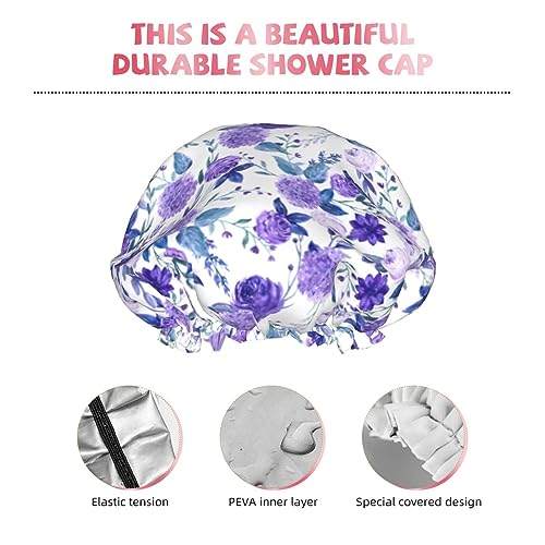 Violet Purple Rose Shower Cap For Women Adjustable Double Waterproof Layers Bathing Shower Hat Hair Protection Reusable Ladies Spa Salon Shower Hat - color: Purple Rose