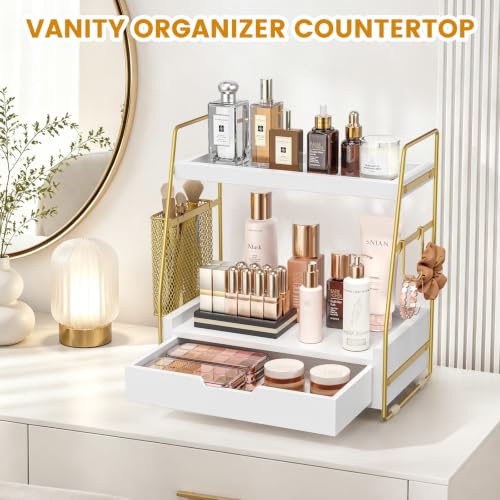 2-Tier Bathroom Counter Organizer with Drawer and Basket, Wood Vanity Countertop Storage for Perfume, Makeup, Skincare, Bathroom Counter Shelf, 13" x 7.9" x 14.5", White Gold - color: White Gold