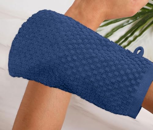 COTTON CRAFT Bath Mitt - 6 Pack Euro Spa Waffle 100% Cotton Towel Mitts | Large 5.5x10 inches Blue Exfoliating Gloves - Sensitive Skin Friendly - Body Bath Shower Glove Washcloth with Hanging Loop - color: Blue - Bath Mitt