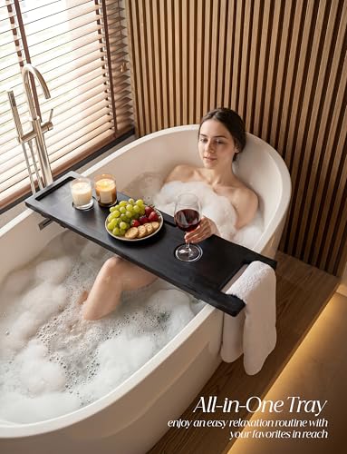 Tinamo Acacia Bathtub Caddy Tray Table | 39x9.8 Inch Large Bath Tub Wooden | Anti-Tipping, Sustainable Tub Tray for Bath tub | Bath-tub Accessories Holders for Bath-tub (Black Color) | Acacia Wood, Adjustable Legs, Easy Assembly, Fits Most Tubs, Wide Stor
