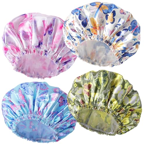 4 PCS Shower Cap for Women, Elastic and Reusable Bath Caps, Double Layers Shower Caps Reusable Waterproof, Bathing Shower Caps, Environmental Bath Hair Protection Cap - Butterfly C - color: Butterfly C