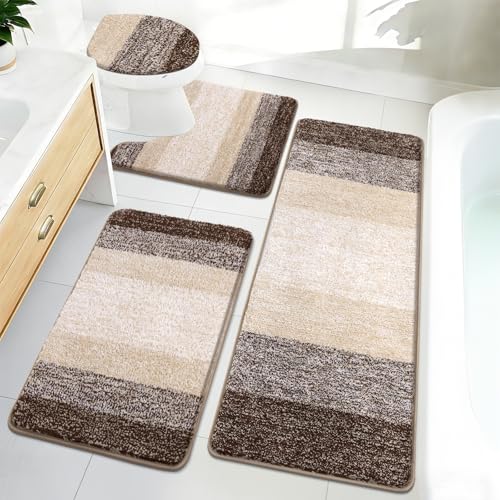 Bsmathom Bathroom Rugs Sets 4 Piece with Toilet Cover, Plush Shaggy Bathroom Rugs Non Slip Washable, Absorbent Microfiber Bath Mat Set with U-Shaped Contour Toilet Mat, Dark Coffe - color: Dark Coffee, size: 20"x31"+20"x59"+U20"x24"+Cover19"x21"