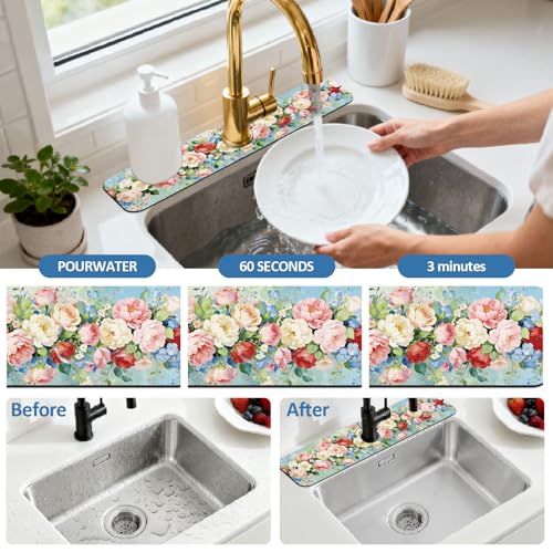 2 Pcs Kitchen Sink Splash Guard Faucet Mat Oil Painting Flowers Pattern Faucet Mat for Sinks Absorbing Drying Mats for Kitchen Bathroom - color: Mat Oil Painting Flowers