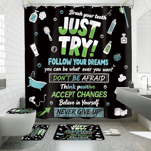 4 PCS Black Inspirational Quotes Shower Curtain Set 72Wx72H Positive Words Bathroom Set Non-Slip Bath Rug Toilet Lid Cover U Shape Mat Complete Bathtub Accessories with 12 Hooks Bathroom Decor - color: F 01black Quotes, size: 72"W x 72"L (Pack of 4)