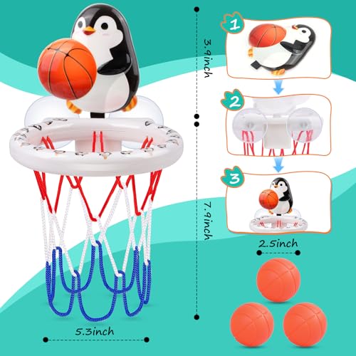 Bath Toys, Bathtub Basketball Hoop for Toddler Kids, 3 Soft No Hole Balls & Bath Basketball Hoop with Strong Suction Cup, Black & White Penguin Baby Shower Bath Toys Set for Boys and Girls - style: White & Black Penguin