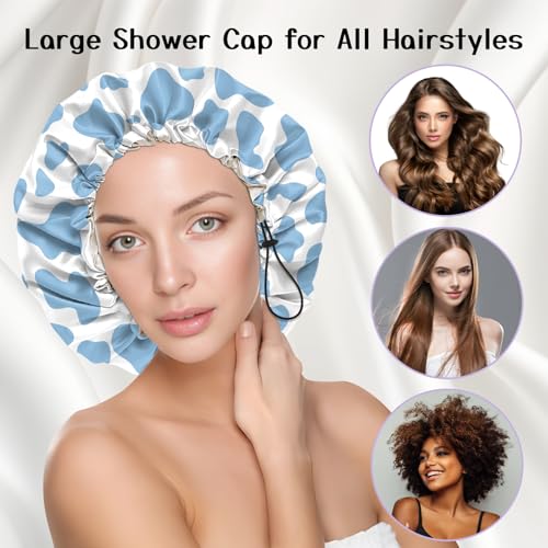 Luxury Shower Cap Silk Satin Lined Waterproof Reusable Adjustable Elastic Dry Hair Bathing Caps Cute for Women Girls-Blue Cow - color: C-15-Blue Cow