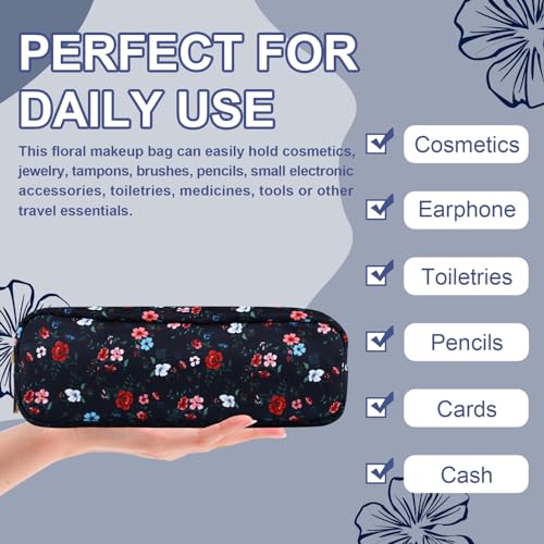 UIXIZQ Waterproof Small Floral Pencil Case Makeup Bag for Purse,Cute Flower Pencil Pouch Preppy Nylon Makeup Brush Holder with Zipper,Girls Portable Storage Case Pen Bag for Work(Slim Black-Flowers) - color: Black-Flowers, size: Slim