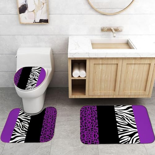 4PCS Leopard Print Shower Curtain Set with Rug, Toilet Lid Cover and Bath Mat, Purple Black Splice Shower Curtain with 12 Hooks, Shower Curtain for Bathroom Decor Set - color: Purple Leopard