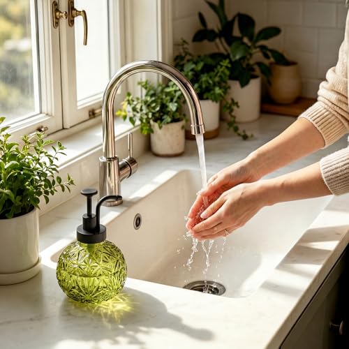 Vintage Glass Soap Dispenser - Rustic Snowflake Design, 2 Pack Refillable Dish Soap Dispenser with Pump for Kitchen and Bathroom, Antique Farmhouse Decor (Green-Black Pump) - color: Green-black Pump 2p