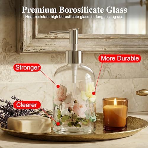 Topadorn 17oz Glass Soap Dispenser with Pump, Refillable Hand & Dish Soap Dispenser, Decorative Floral Bathroom Soap Dispenser for Kitchen, Lotion & Hand Soap - color: Pink
