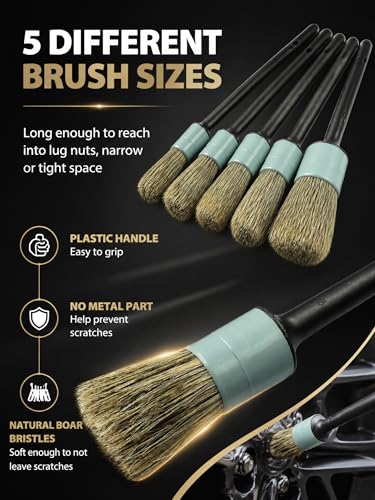 TAKAVU Car Detailing Brush Kit, 10 Piece Boar Hair for Interior | Detail Brushes, Wire Brush & Microfiber Towel for Engine Bay & Auto Interior Cleaning, Vents, Emblems & Trim