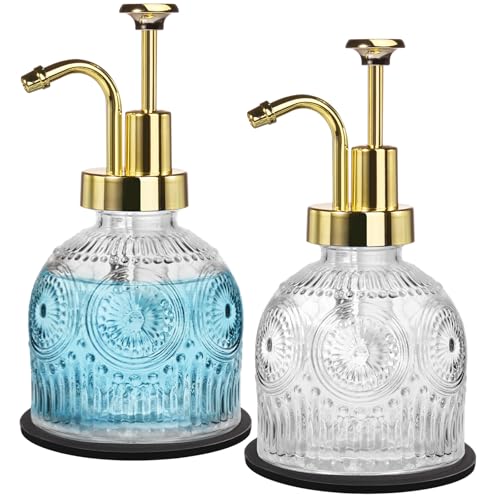 SheeChung 8 Oz Vintage Glass Soap Dispenser Bathroom, Kitchen Dish Soap Dispenser with Pump, Refillable Hand Soap Dispenser, Antique Liquid Lotion Bottle, Farmhouse Decor (Clear-Gold Pump, 2 Pack) - color: Clear-gold Pump-2 Pack