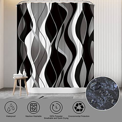 4Pcs Black Shower Curtain Sets with Non-Slip Rugs, Toilet Lid Cover and Bath Mat, Black and Gray Bathroom Decor Set Accessories Fabric Waterproof Shower Curtains with 12 Hooks, 72 x 72 Inch - color: Black