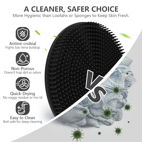 Silicone Body Scrubber with Scrub Net Set, BEAUTAIL 4 Pack for Rich Lather, Deep Cleansing, and Exfoliation – Durable, Easy to Clean, Gentle or Firmer Options – 2 Brushes (BK+BL), 2 Scrub Nets (GY+BL) - color: Black+blue